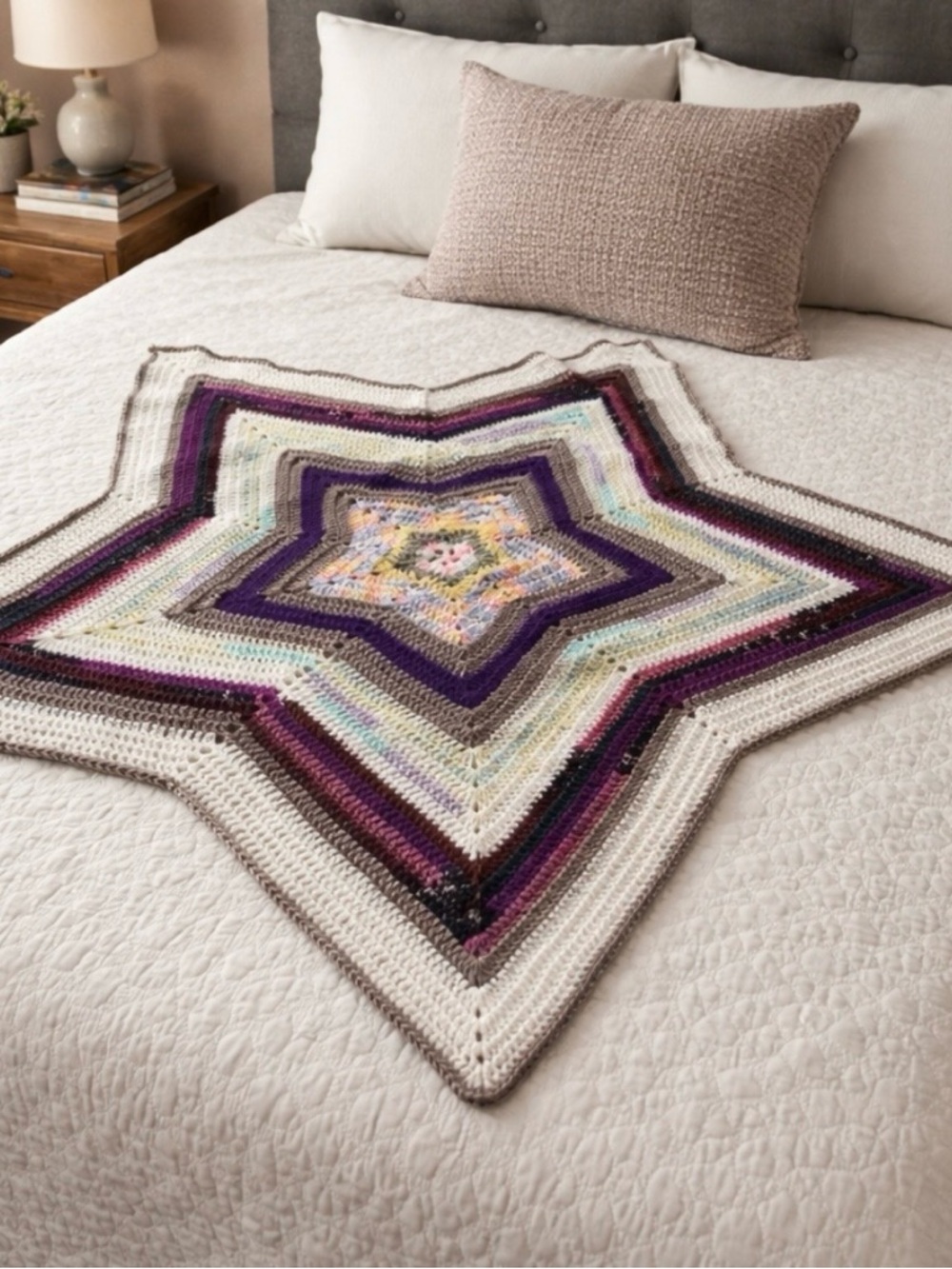 NWT Handmade Crochet Boho Star Baby Blanket White Pink Beige Purple 36”
